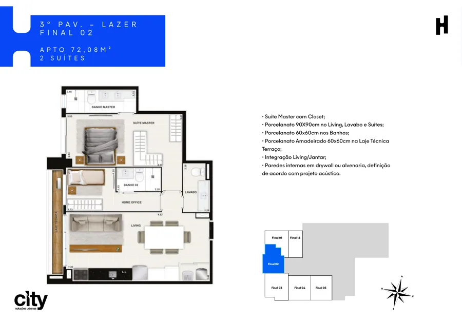 Planta do Hub Compact Life: 2 suítes · 72,08 m² · Final 02