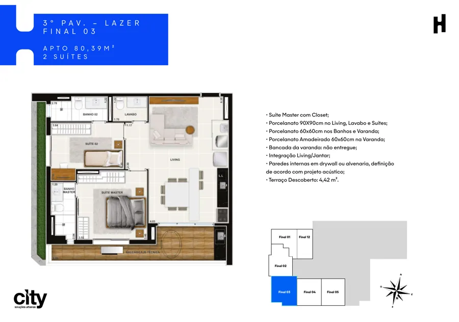 Planta do Hub Compact Life: 2 suítes · 80,39 m² · Final 03