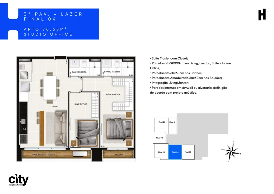 Planta do Hub Compact Life: 70,68 m² · Final 04