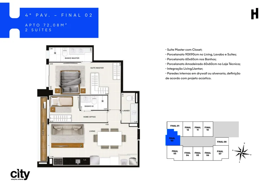 Planta do Hub Compact Life: 2 suítes · 72,08 m² · Final 02