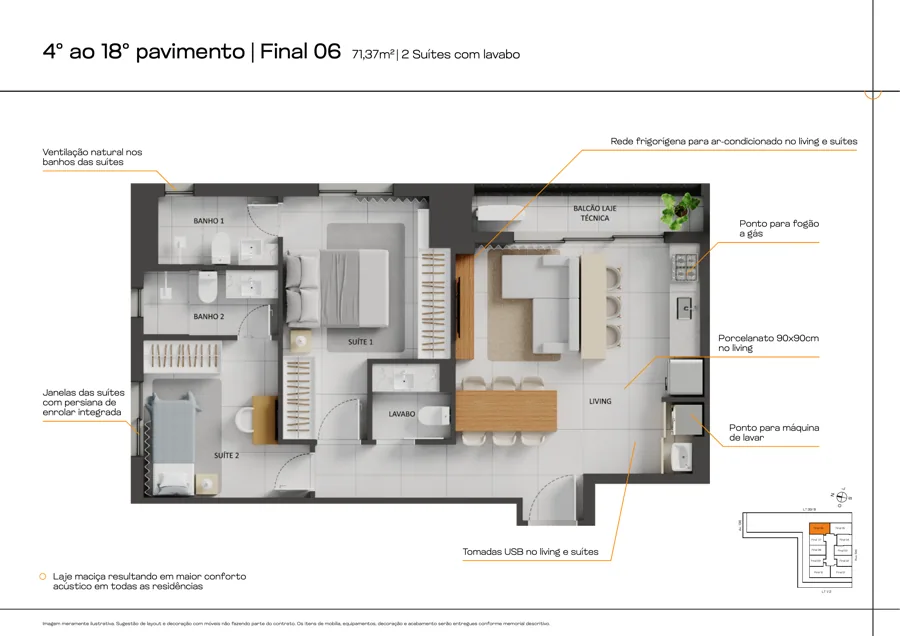 Planta do B.Side by City: 2 suítes · 71,37 m² · Final 06
