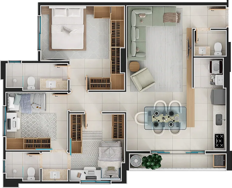 Planta do Aurora Lago das Rosas: 87 m² · Apto 1B