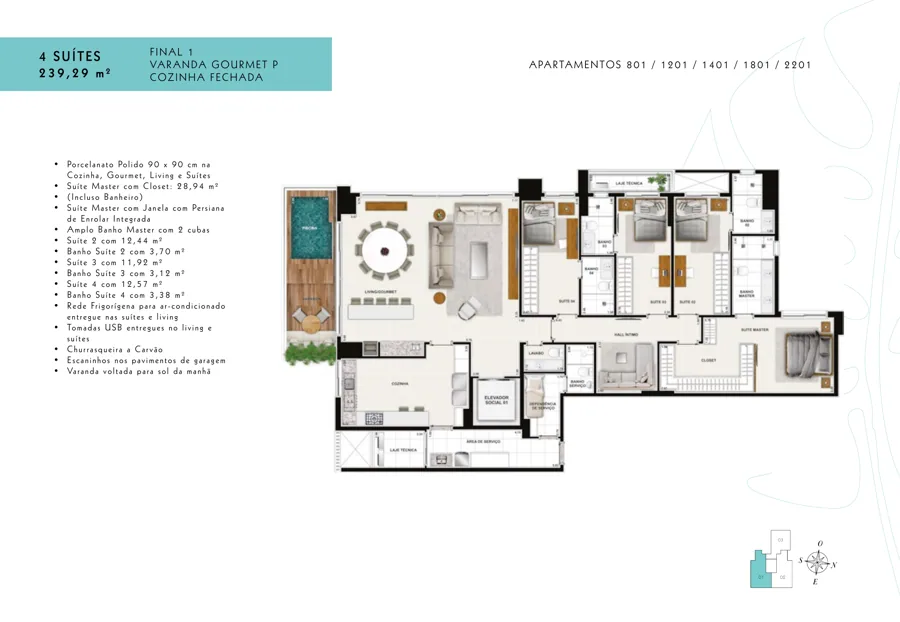 Planta do Terraço Bougainville: 4 suítes · 28,94 m² · Final 1