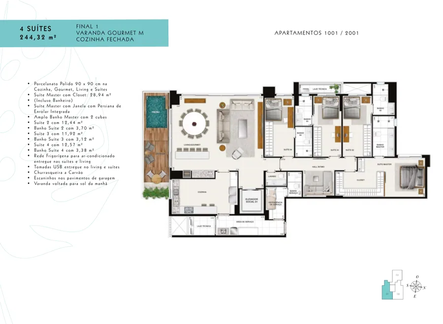 Planta do Terraço Bougainville: 4 suítes · 28,94 m² · Final 1