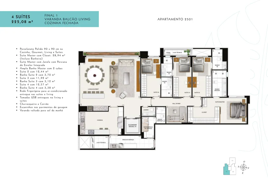 Planta do Terraço Bougainville: 4 suítes · 28,94 m² · Final 1