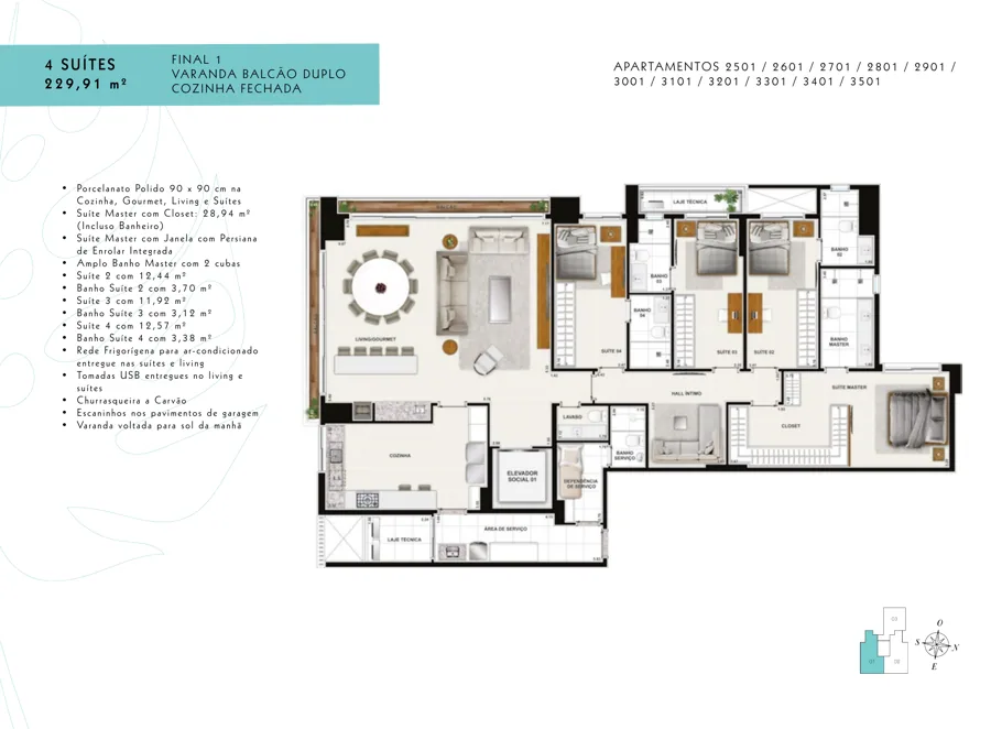 Planta do Terraço Bougainville: 4 suítes · 28,94 m² · Final 1