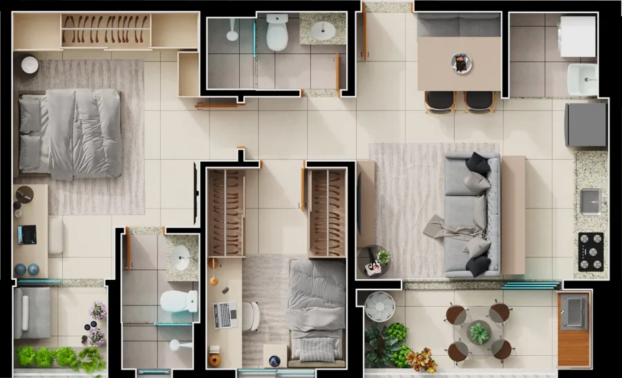 Planta do Varandas Bueno: 2 quartos 1 SuíTe Final 4A Garden · 65 m²