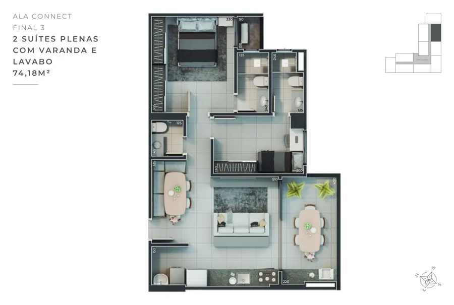 Planta do B Great Nova Suíça: 2 suítes · 74,18 m² · Final 3