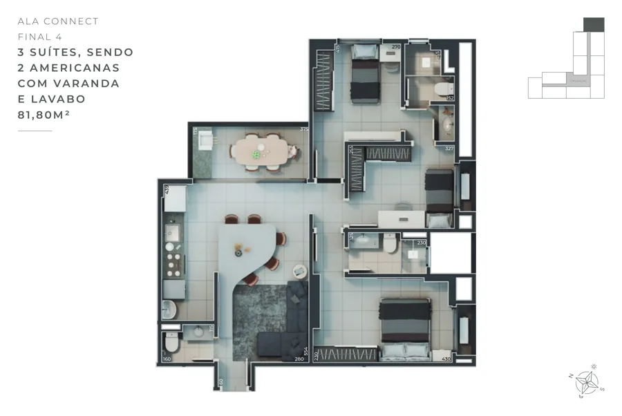 Planta do B Great Nova Suíça: 3 suítes · 81,8 m² · Final 4