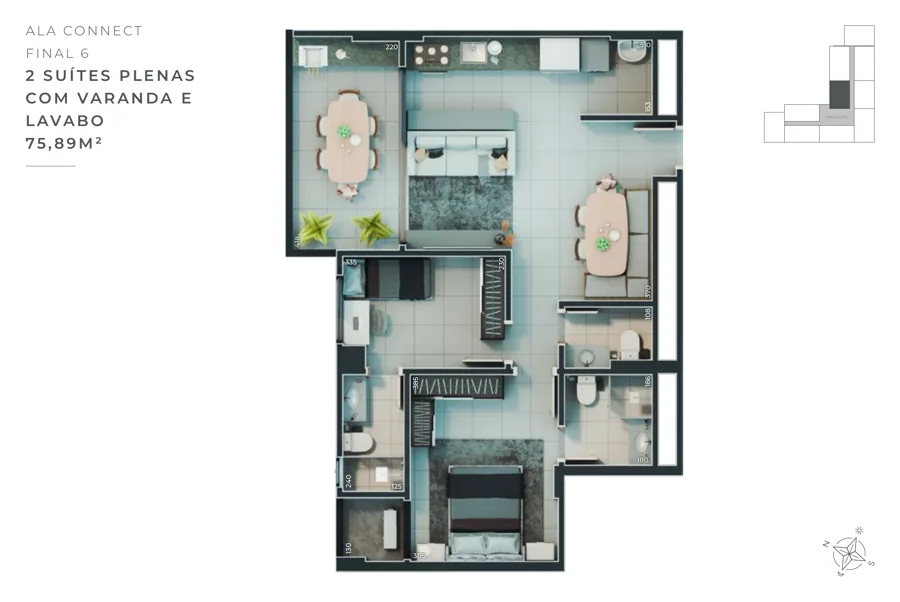 Planta do B Great Nova Suíça: 2 suítes · 75,89 m² · Final 6