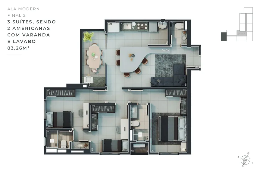 Planta do B Great Nova Suíça: 3 suítes · 83,26 m² · Final 2