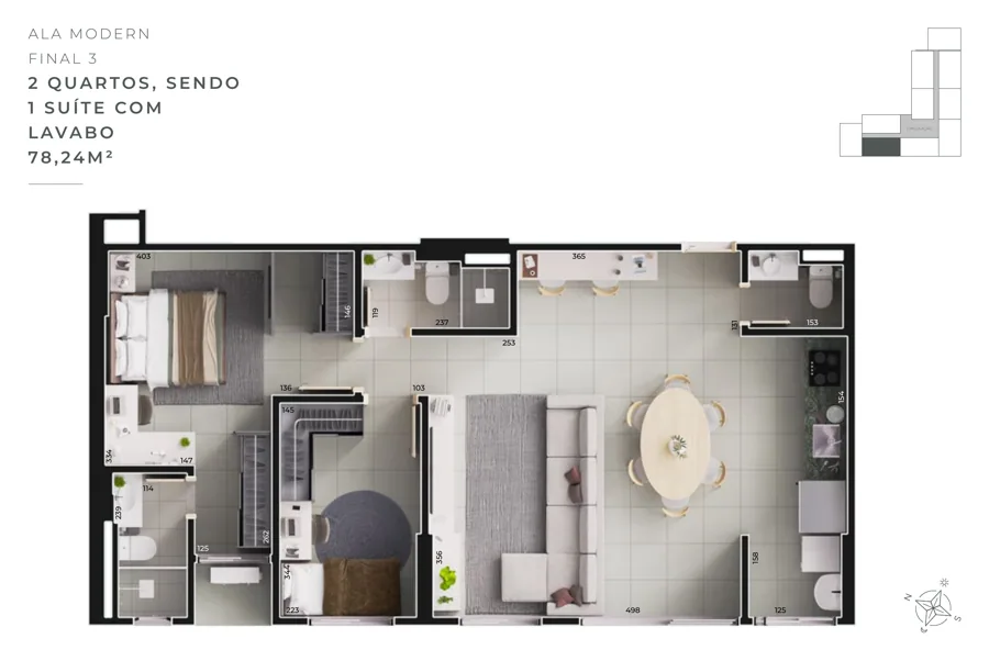 Planta do B Great Nova Suíça: 2 quartos · 78,24 m² · Final 3