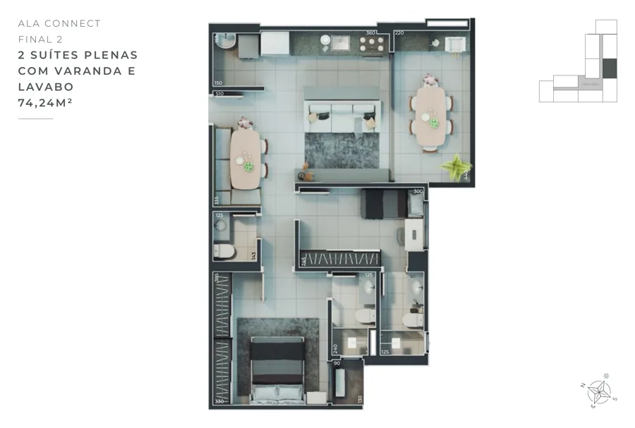 Planta do B Great Nova Suíça: 2 suítes · 74,24 m² · Final 2