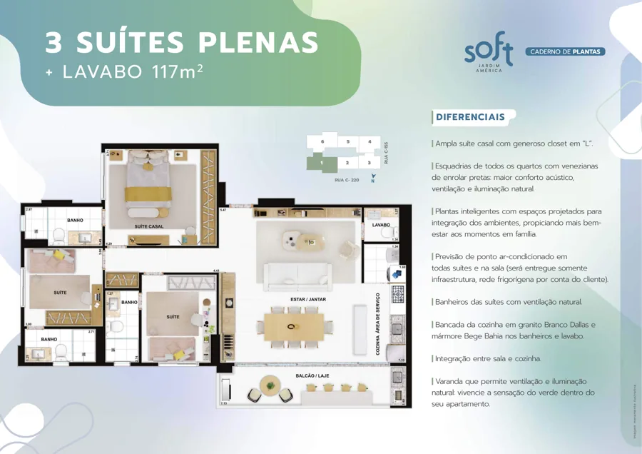 Planta do Soft Jardim América: 3 suítes