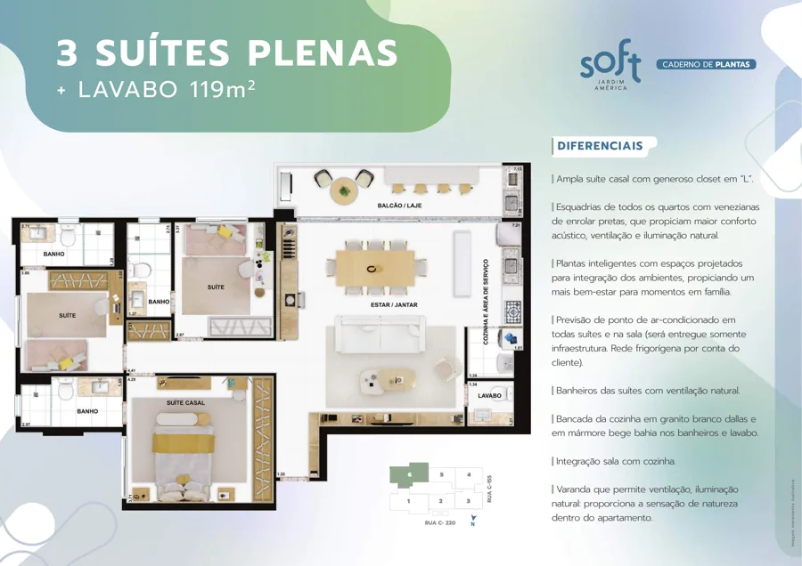Planta do Soft Jardim América: 3 suítes