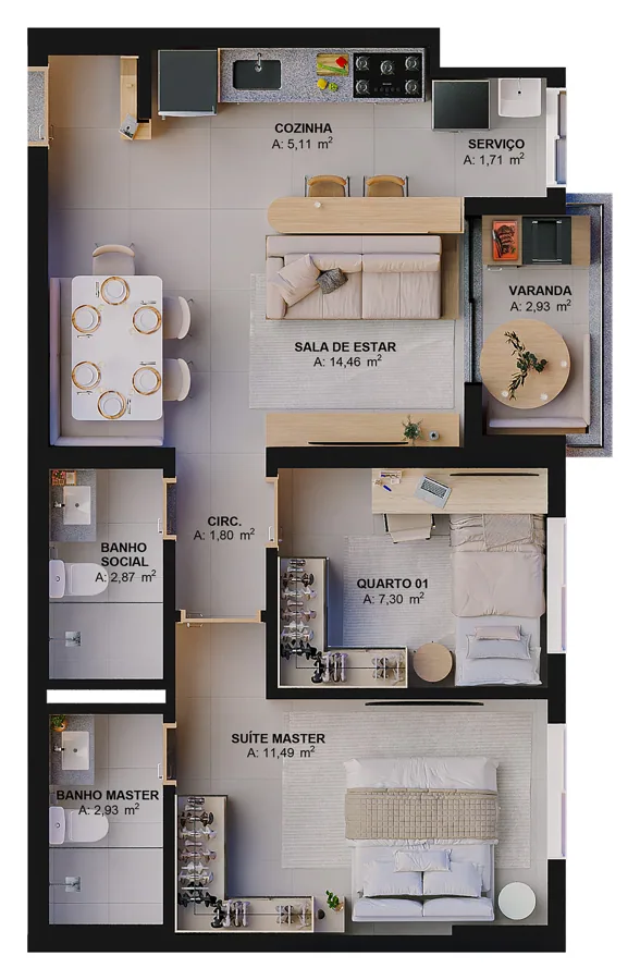 Planta do Ecoville Ipê: 2 quartos 1