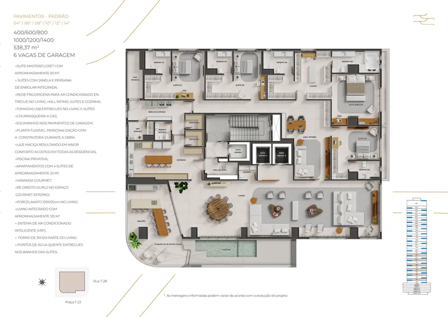 Planta do City 23: 4 suítes · 538,37 m²