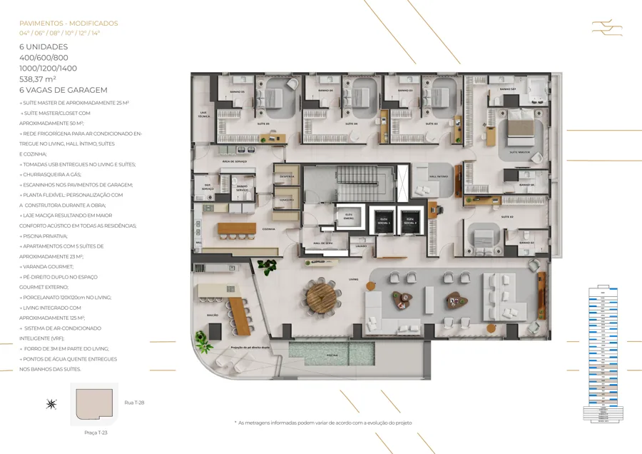 Planta do City 23: 5 suítes · 538,37 m² · Unidade S