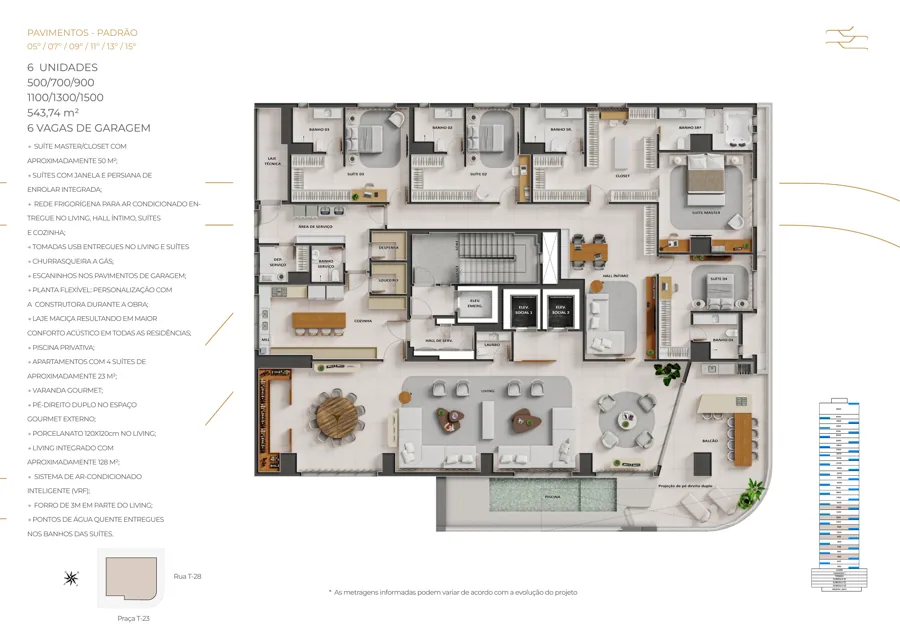 Planta do City 23: 4 suítes · 543,74 m² · Unidade S