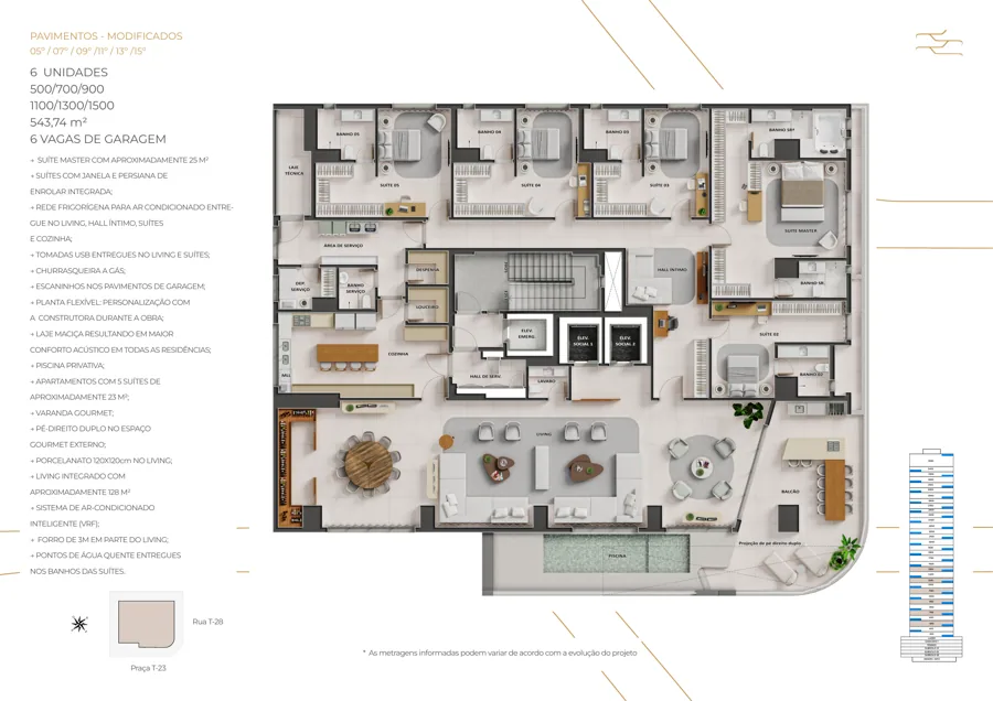 Planta do City 23: 5 suítes · 543,74 m² · Unidade S