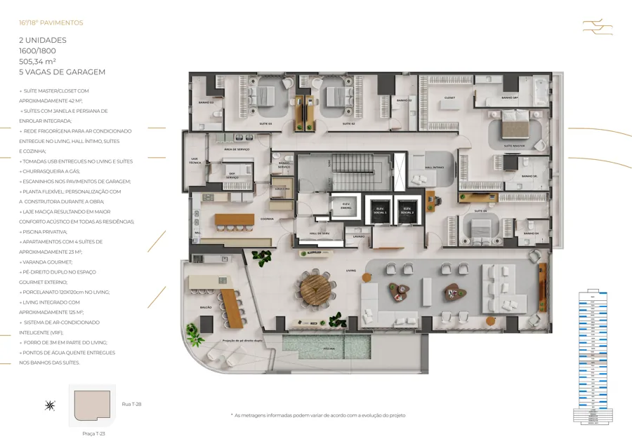 Planta do City 23: 4 suítes · 505,34 m² · Unidade S