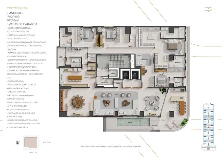 Planta do City 23: 4 suítes · 507,3 m² · Unidade S
