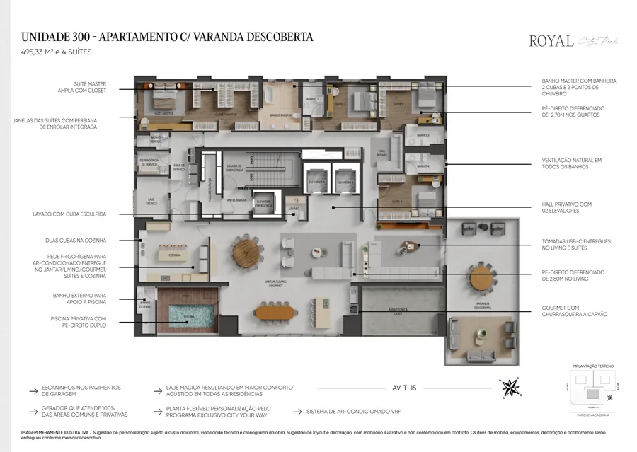 Planta do City Park Royal: Unidade · 4 suítes · 495,33 m²