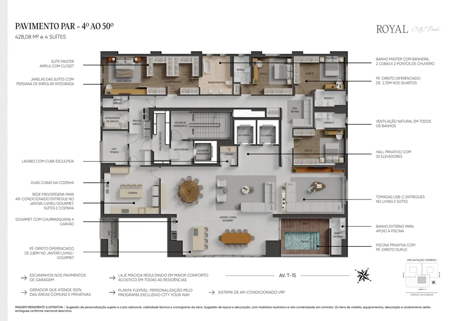 Planta do City Park Royal: 4 suítes · 428,08 m²