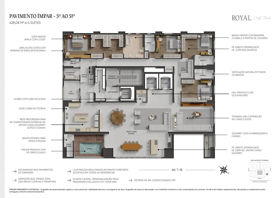 Planta do City Park Royal: 4 suítes · 428,08 m²