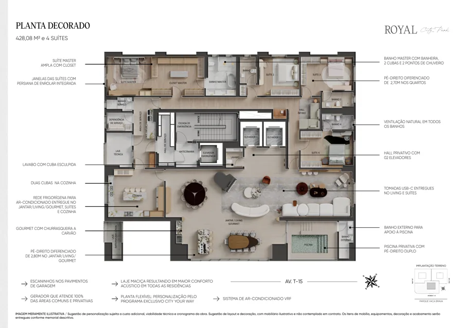 Planta do City Park Royal: 4 suítes · 428,08 m²