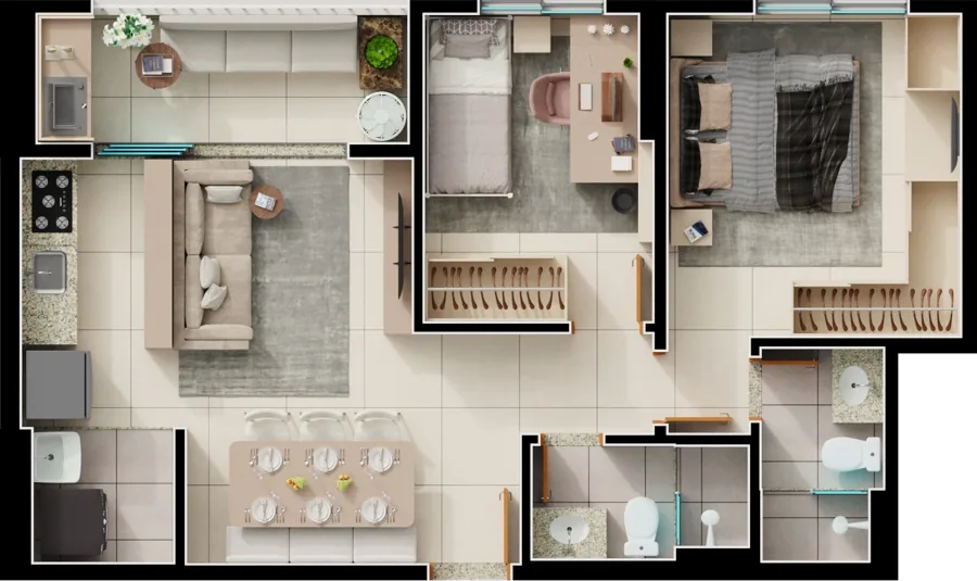 Planta do Varandas Bueno: 2 quartos 1 SuíTe Final 3B · 64 m²