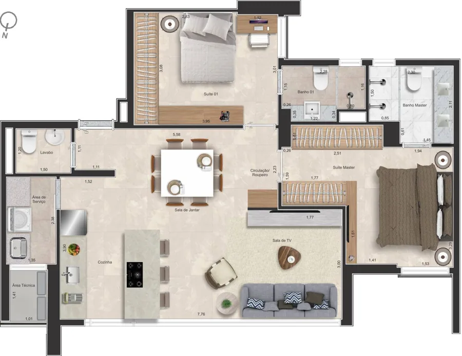 Planta do Maestro Residenza: 7 Apto Norte (Grande) · 88 m²