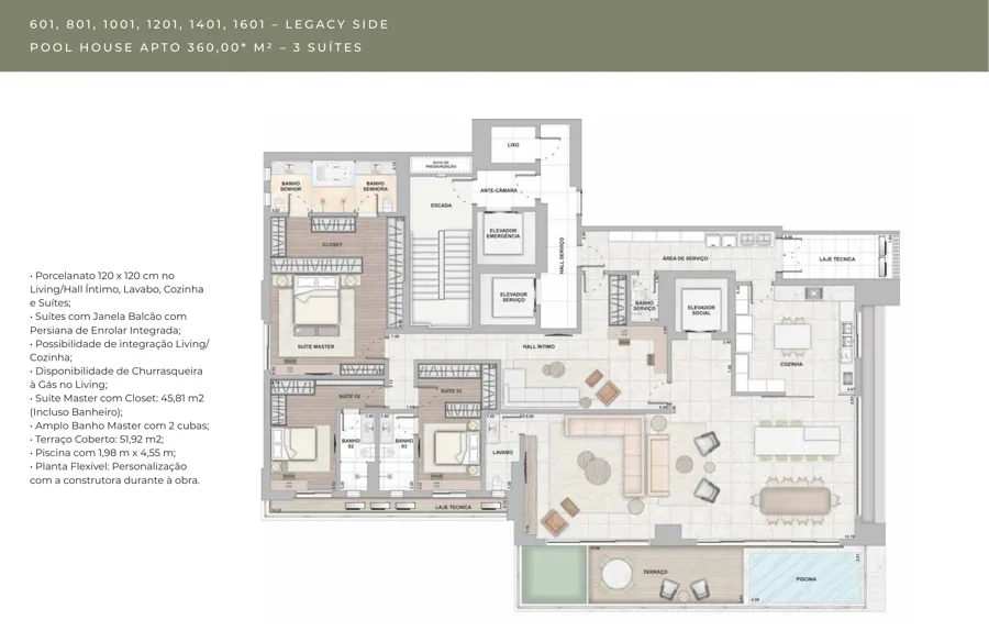 Planta do City Legacy: 3 suítes · 51,92 m²