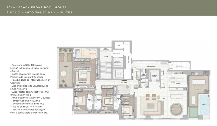 Planta do City Legacy: 4 suítes · 98,6 m²