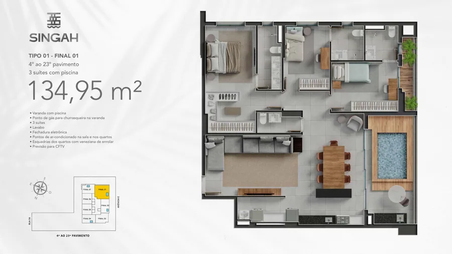 Planta do Singah: 3 suítes · 134,95 m² · Tipo 01
