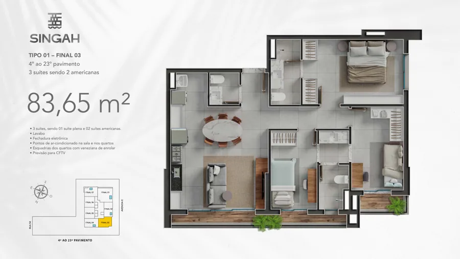 Planta do Singah: 3 suítes · 83,65 m² · Tipo 01