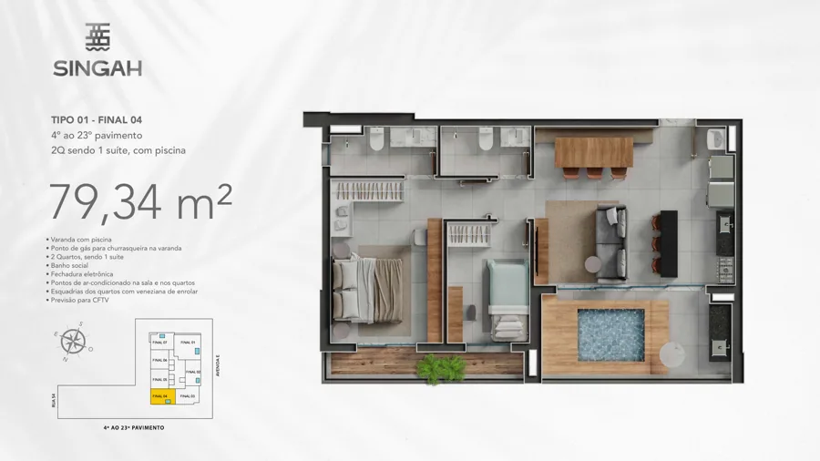Planta do Singah: 2 quartos · 79,34 m² · Tipo 01