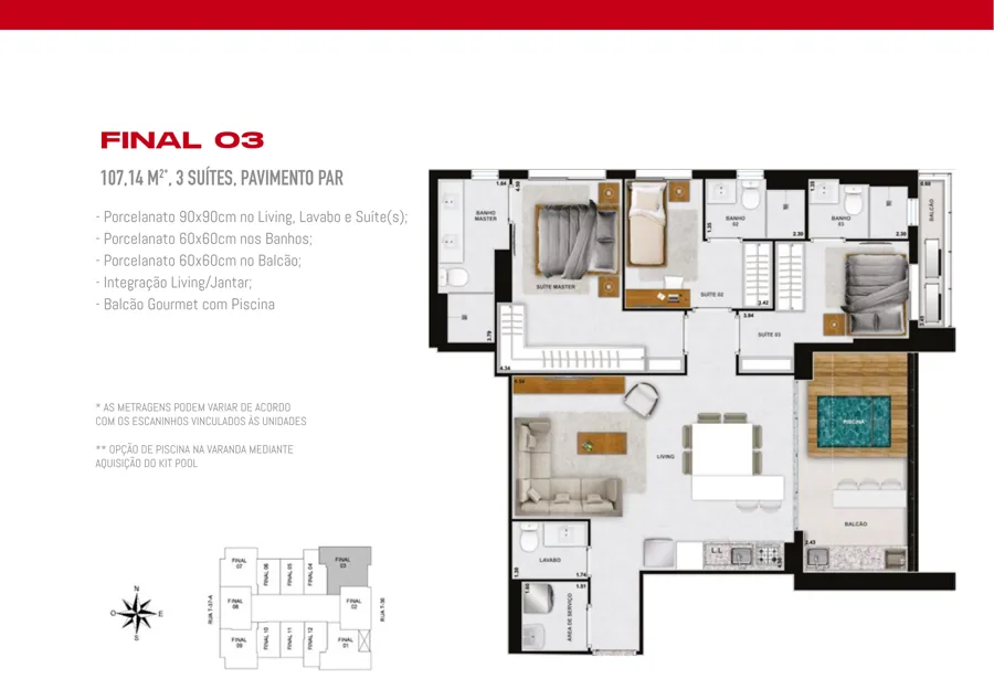 Planta do Haut Compact Life: 3 suítes · 107,14 m² · Final 03
