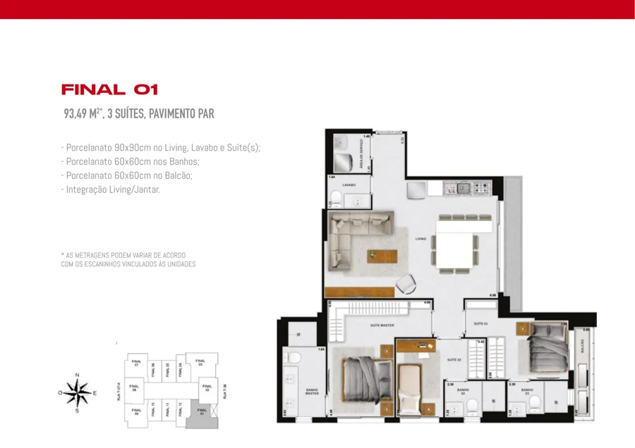 Planta do Haut Compact Life: 3 suítes · 93,49 m² · Final 01