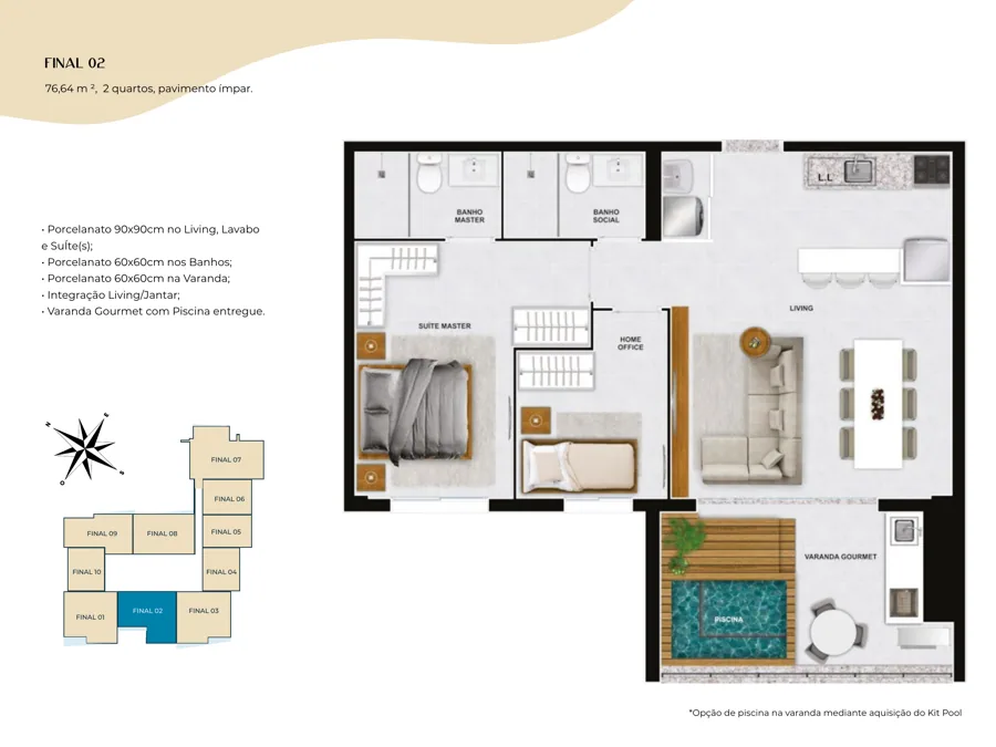Planta do Azure Compact Life: 2 quartos · 76,64 m² · Final 02