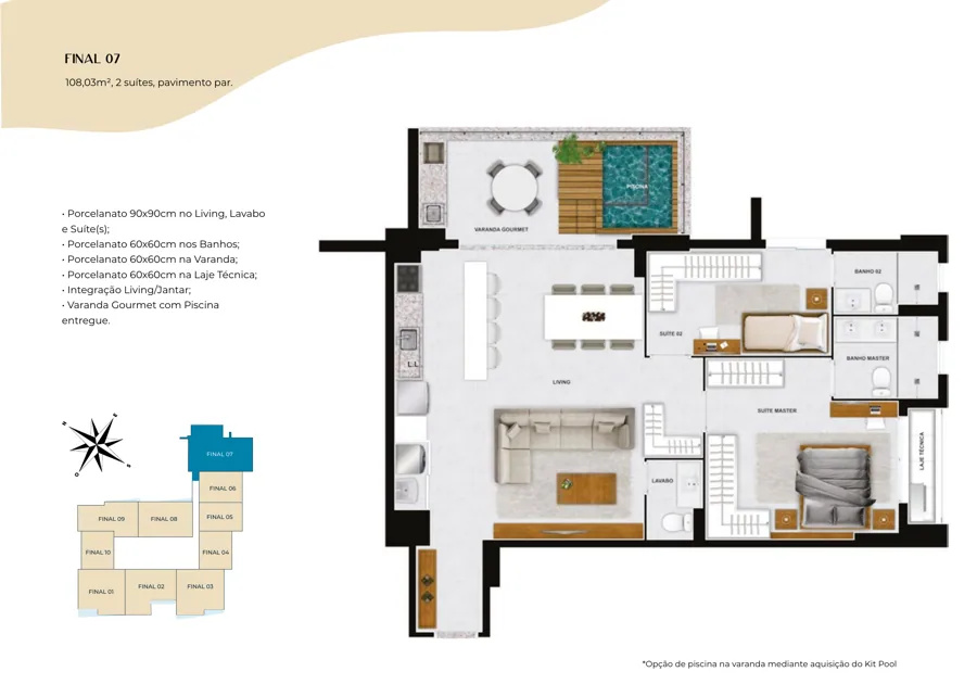 Planta do Azure Compact Life: 2 suítes · 108,03 m² · Final 07