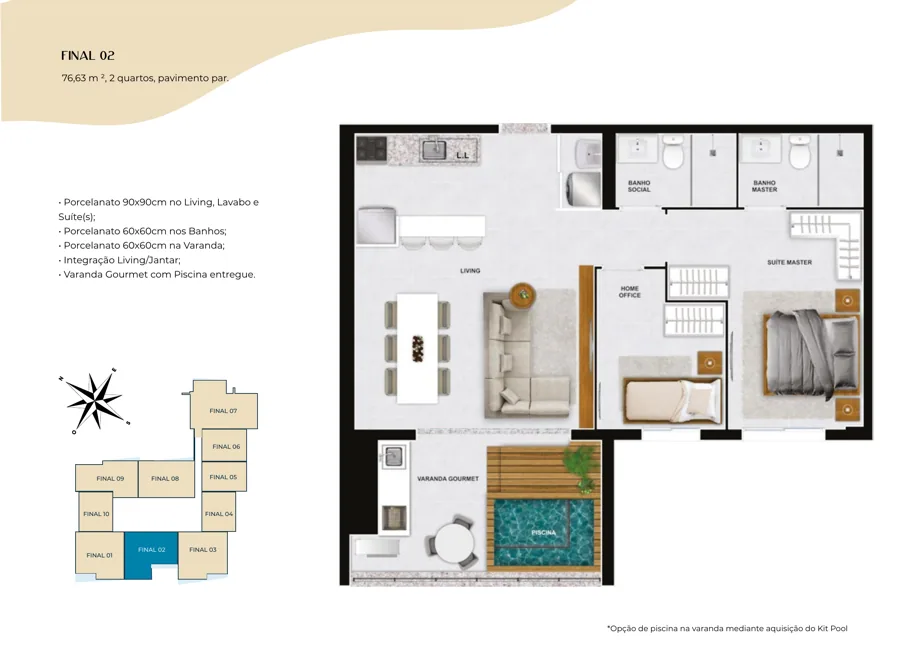 Planta do Azure Compact Life: 2 quartos · 76,63 m² · Final 02