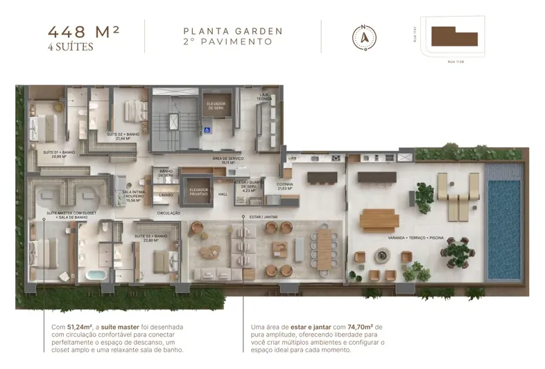 Planta do Solenne Consciente: 4 suítes · 74,7 m²