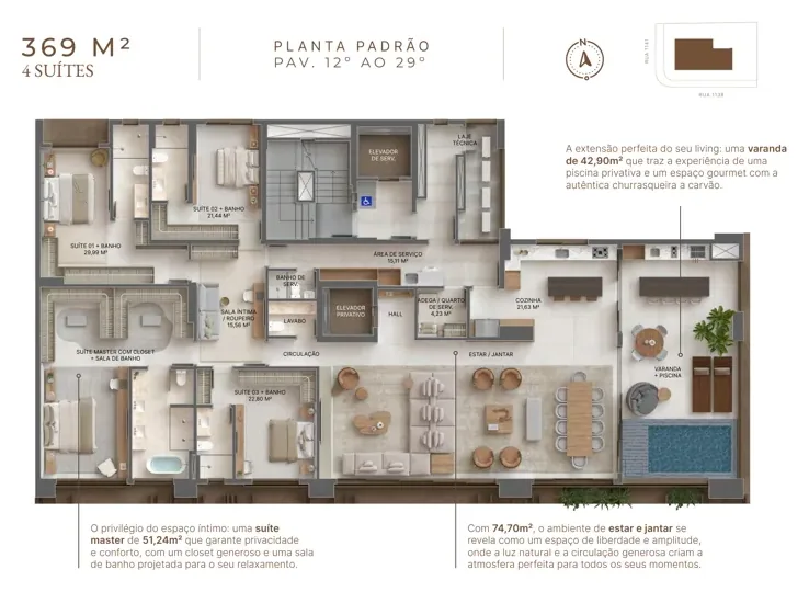 Planta do Solenne Consciente: 4 suítes · 74,7 m²