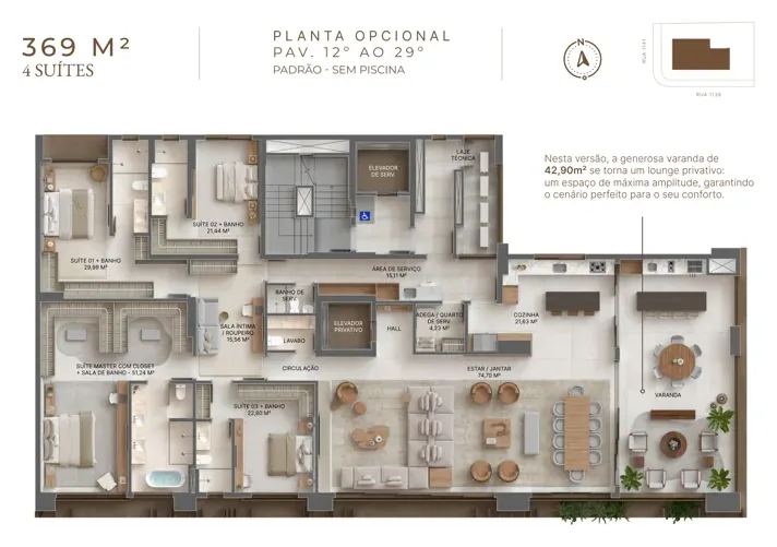 Planta do Solenne Consciente: 4 suítes · 42,9 m²