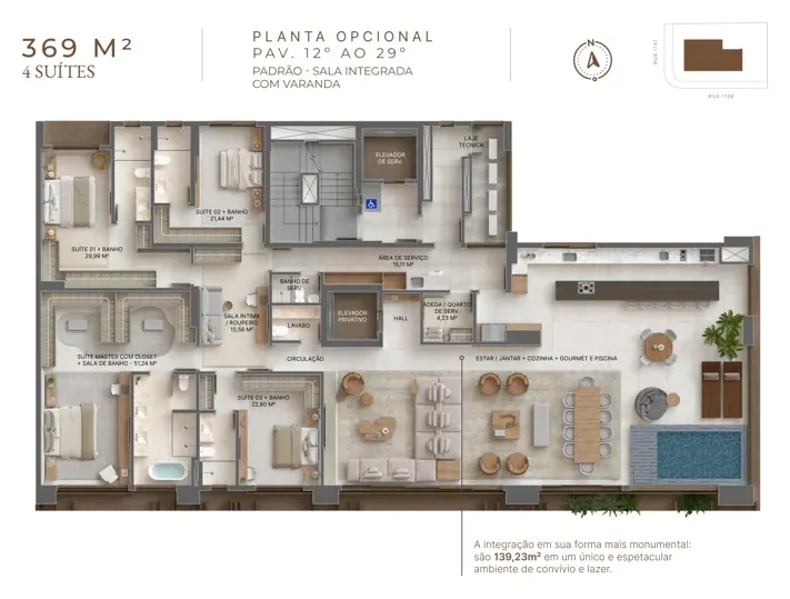 Planta do Solenne Consciente: 4 suítes · 139,23 m²