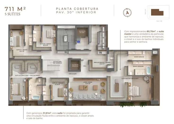 Planta do Solenne Consciente: 5 suítes · 80,7 m²