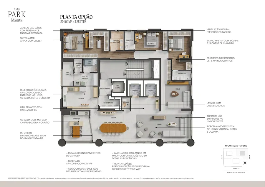 Planta do City Park Majestic: 3 suítes · 274 m²