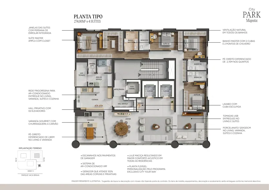 Planta do City Park Majestic: Tipo · 4 suítes · 274 m²