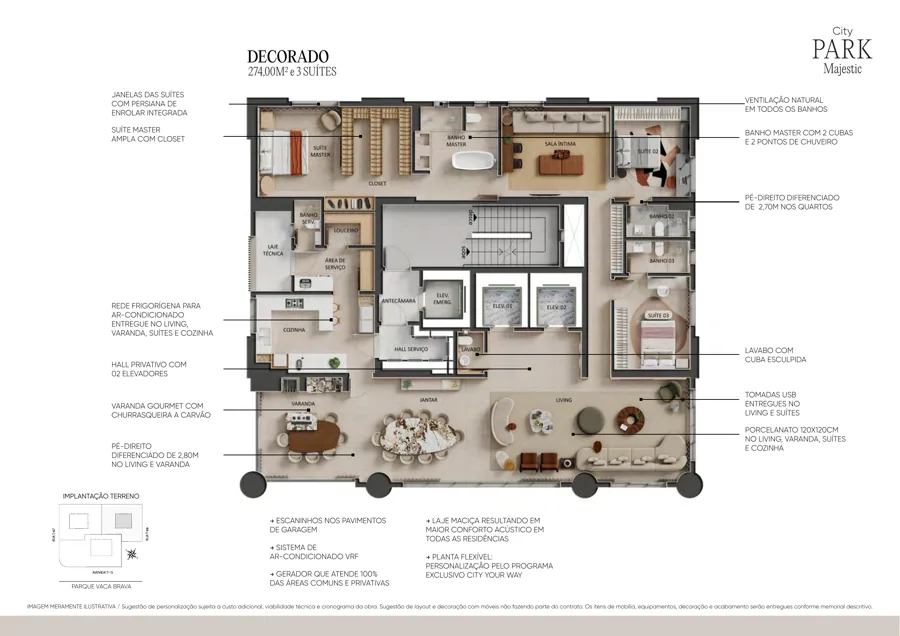 Planta do City Park Majestic: 3 suítes · 274 m²